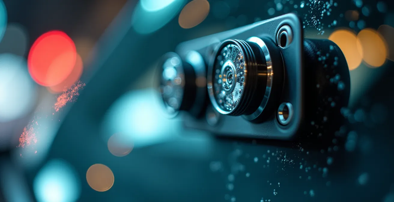 Macro shot of windshield-mounted ADAS sensors and camera array