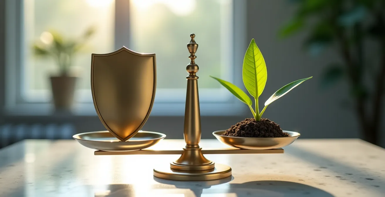 Balance scale with a protective shield on one side representing security and a growing plant on the other representing growth.