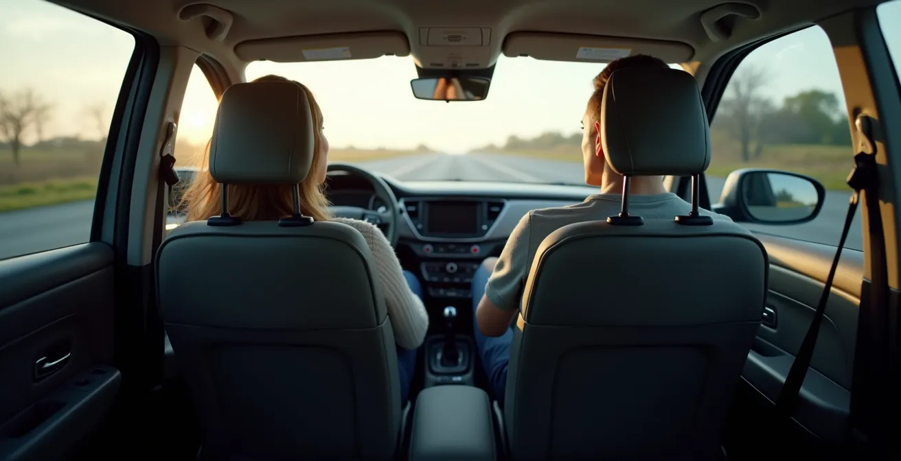 Interior view of car with multiple passengers shown through artistic lighting