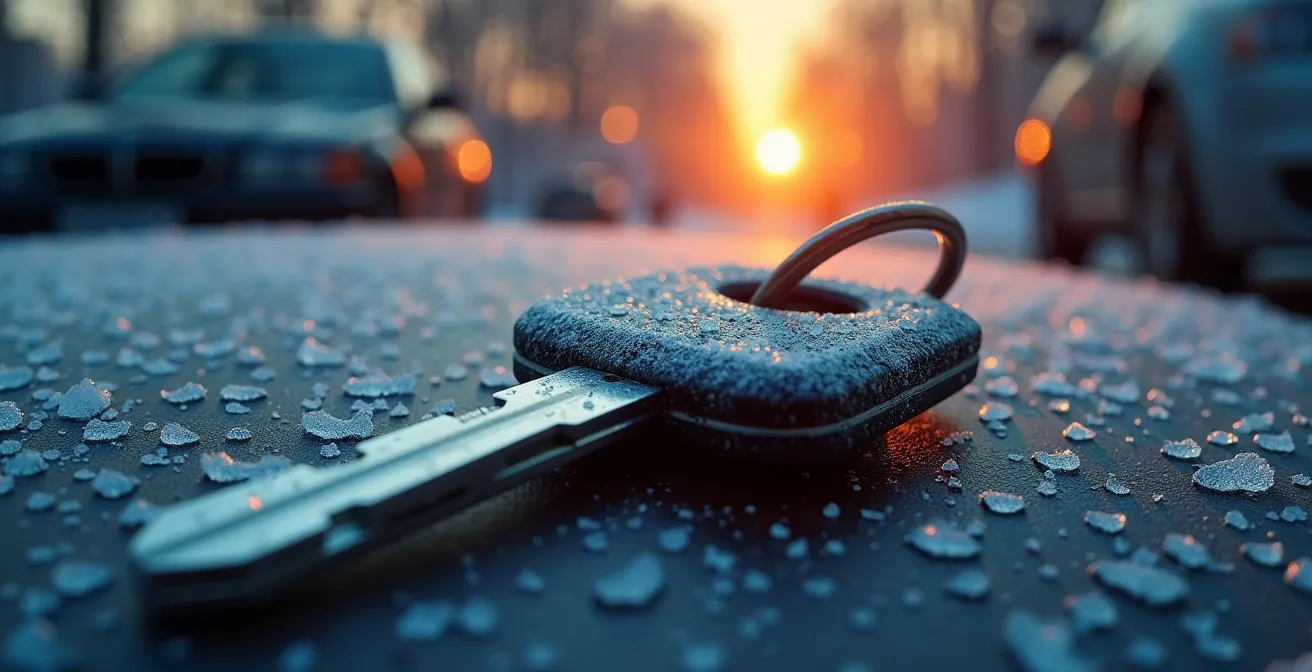 Extreme close-up of frost crystals on a car key with a blurred auto repair shop scene in the background