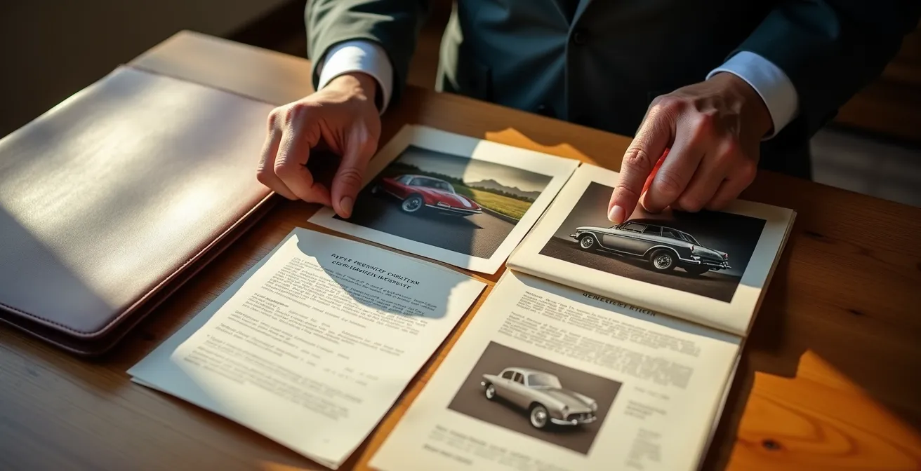 Organized spread of classic car documentation including photos and appraisal papers on wooden table