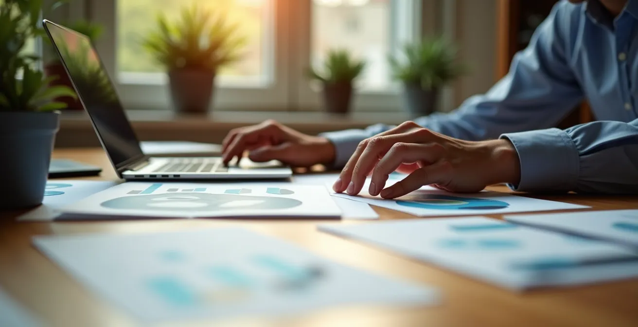 Business owner analyzing multiple insurance documents spread across desk with calculator and comparison charts