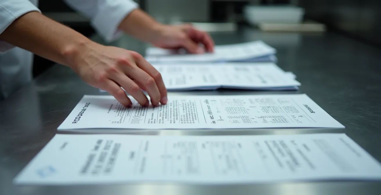 Professional chef documenting spoiled inventory with temperature logs and invoices spread across stainless steel counter