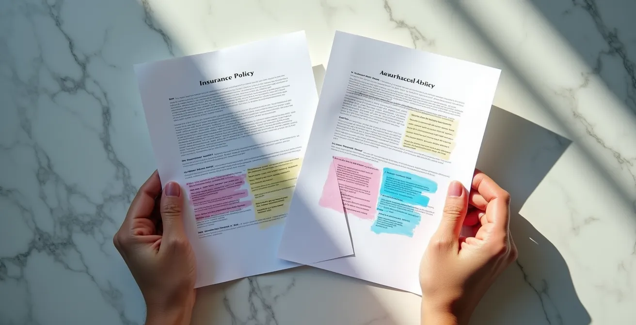 Professional analyzing insurance guarantee comparison documents with highlighter