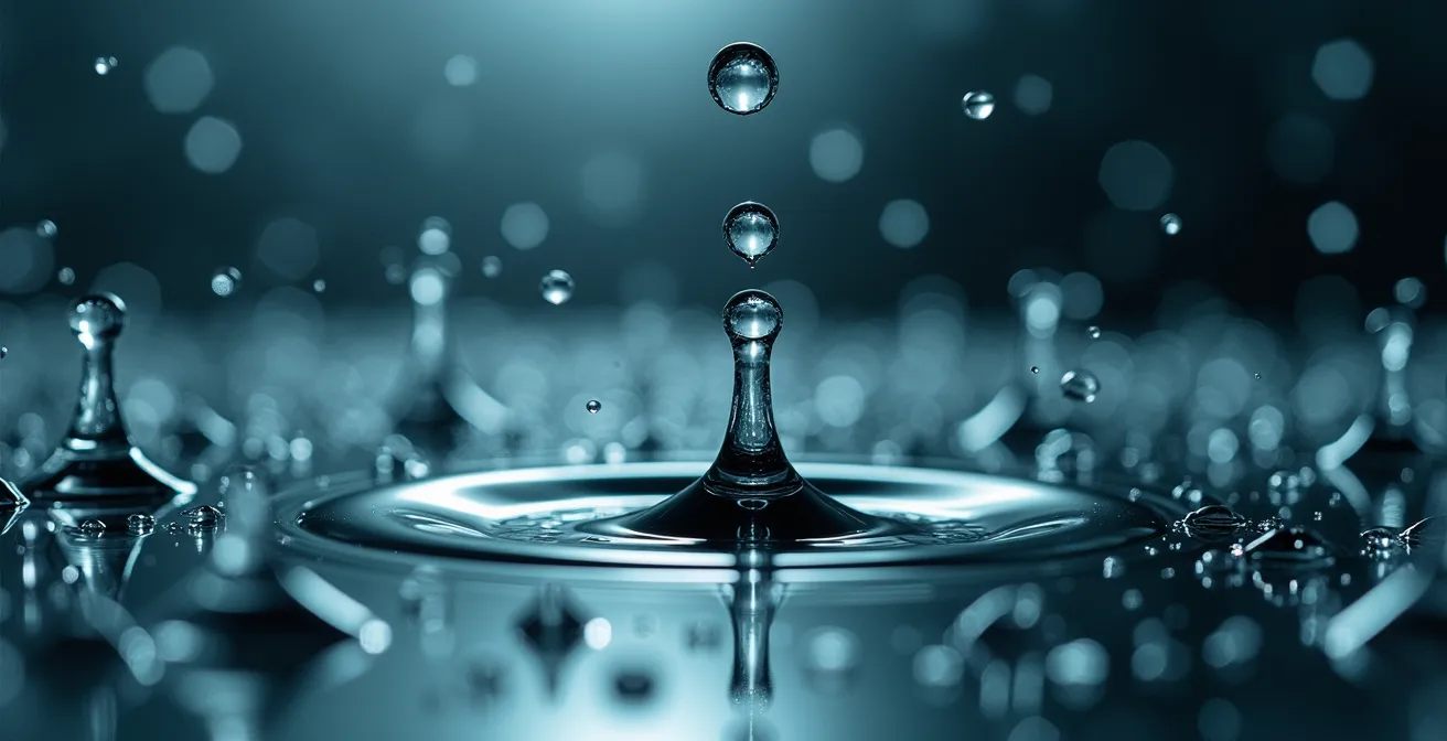 Close-up macro shot of water droplets on a surface showing impact patterns