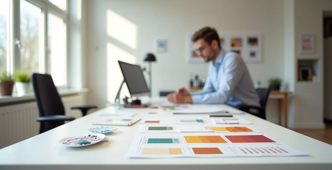 Designer reviewing creative work samples on desk with copyright symbols in background