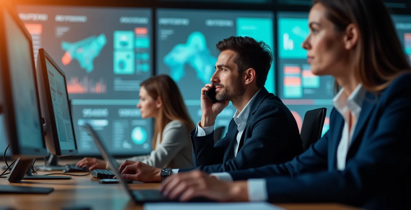 Business professionals managing crisis communications in command center