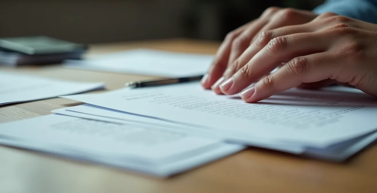 Extreme close-up of hands organizing medical documents on desk surface