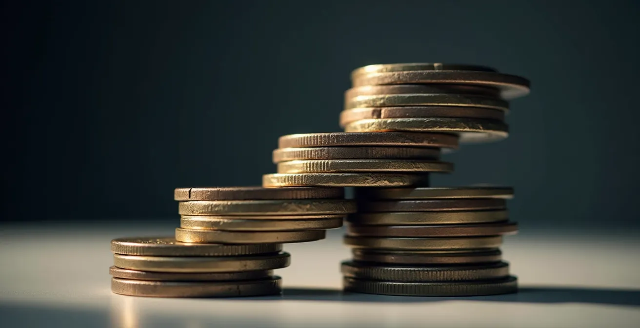 Stacked coins forming an ascending bridge between two platforms, symbolizing an emergency fund bridging a financial gap.
