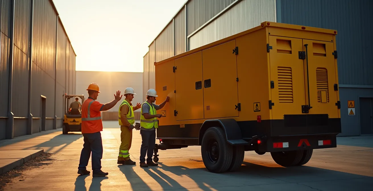 Industrial portable generator being positioned at facility entrance with workers coordinating installation