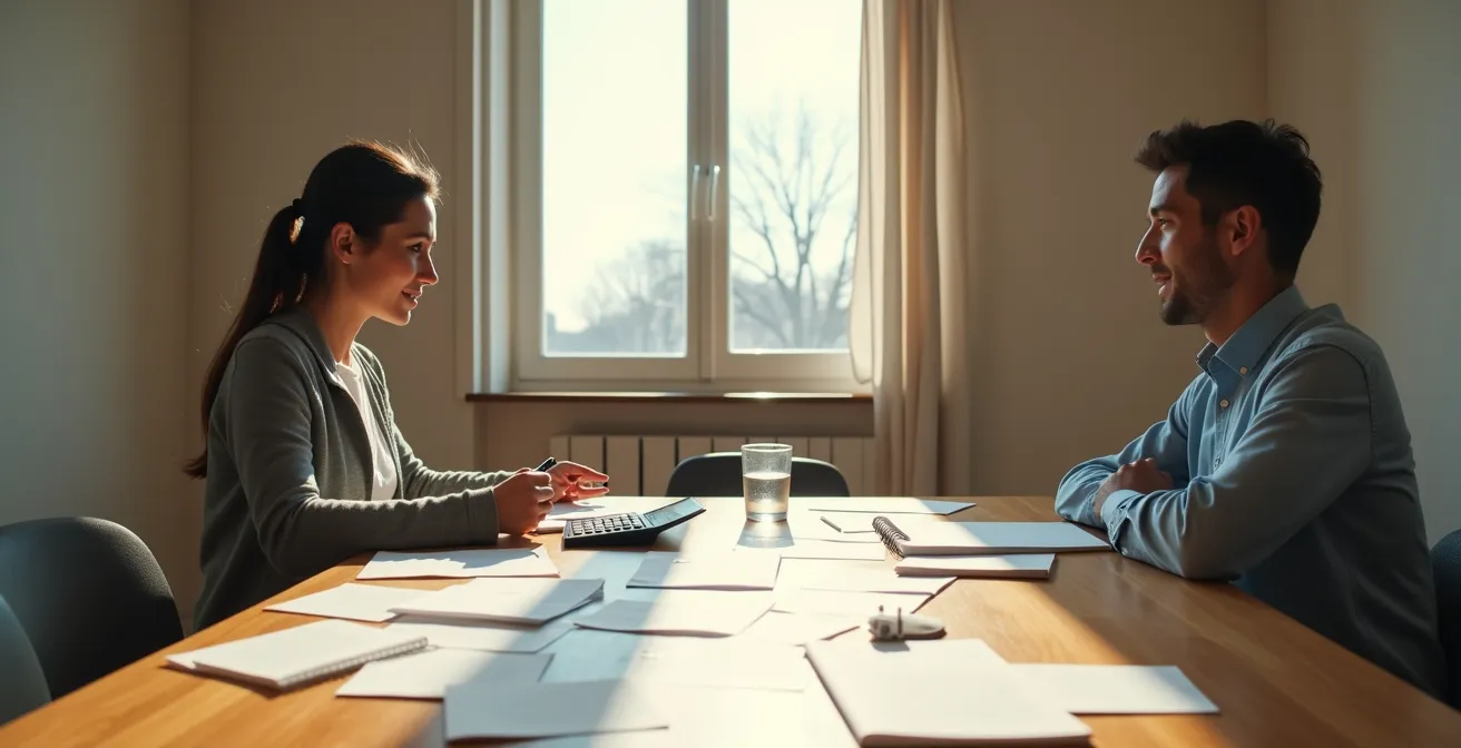 Couple organizing receipts and expense documents at kitchen table in temporary accommodation