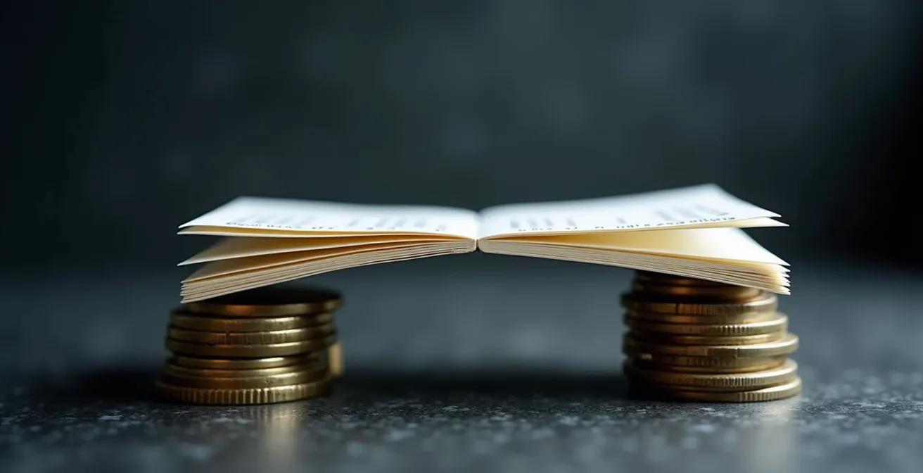 Abstract representation of financial timeline with calendar pages and decreasing stack of coins