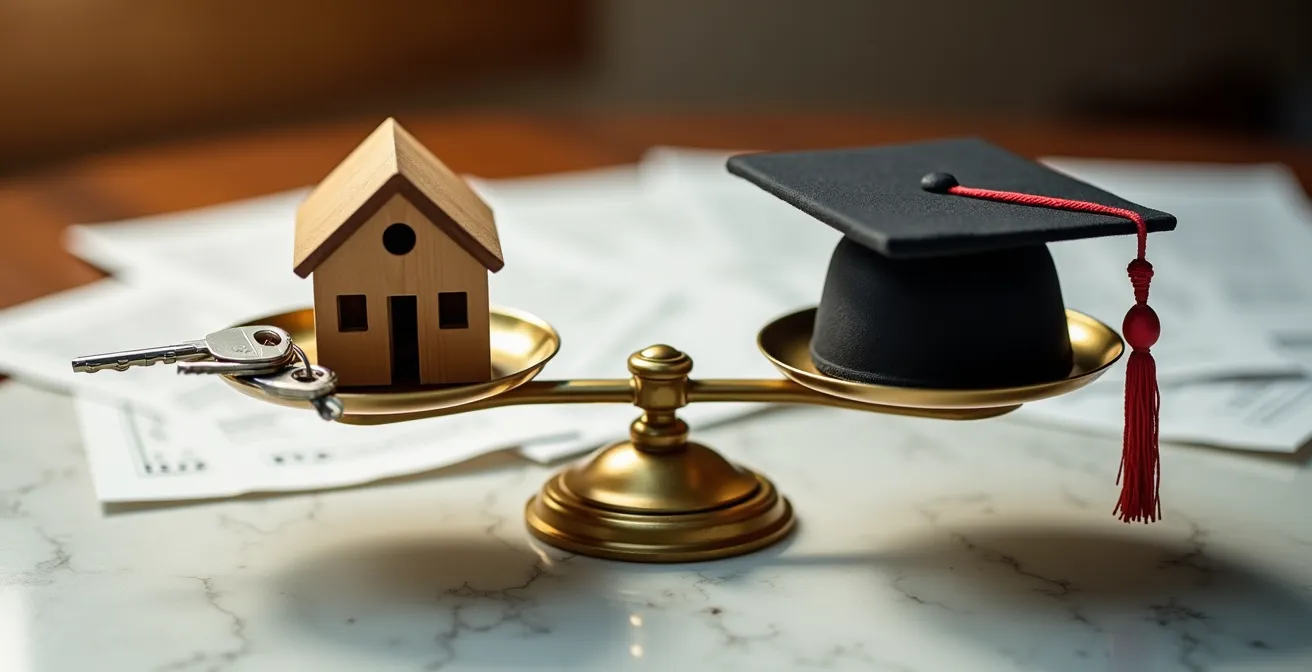 Split composition showing house keys on one side and a graduation cap on the other with a balance scale between them