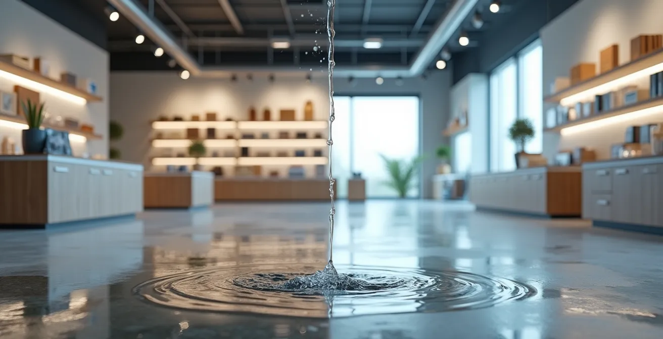 Split-view comparison of rising floodwater versus burst pipe damage in commercial retail space