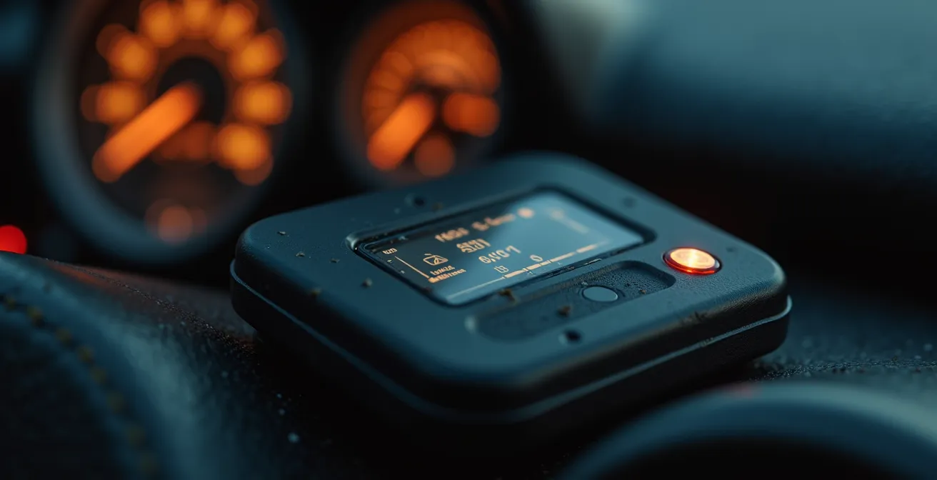 Close-up of GPS tracking device mounted discreetly in classic car with recovery alert notification