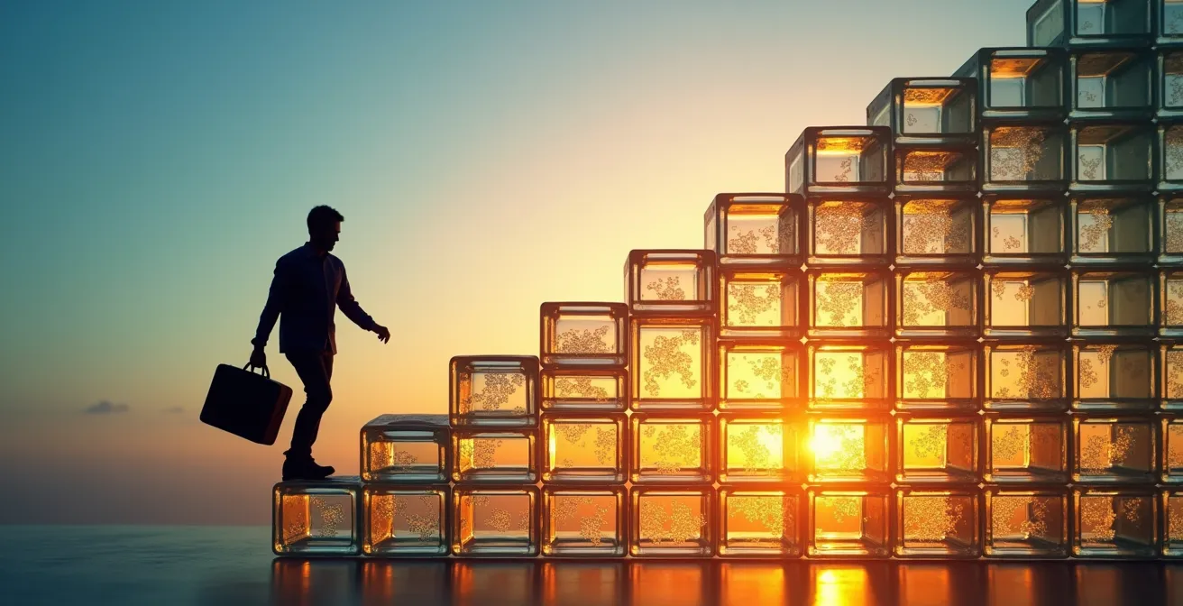 Abstract visualization of rising healthcare costs represented through ascending geometric forms