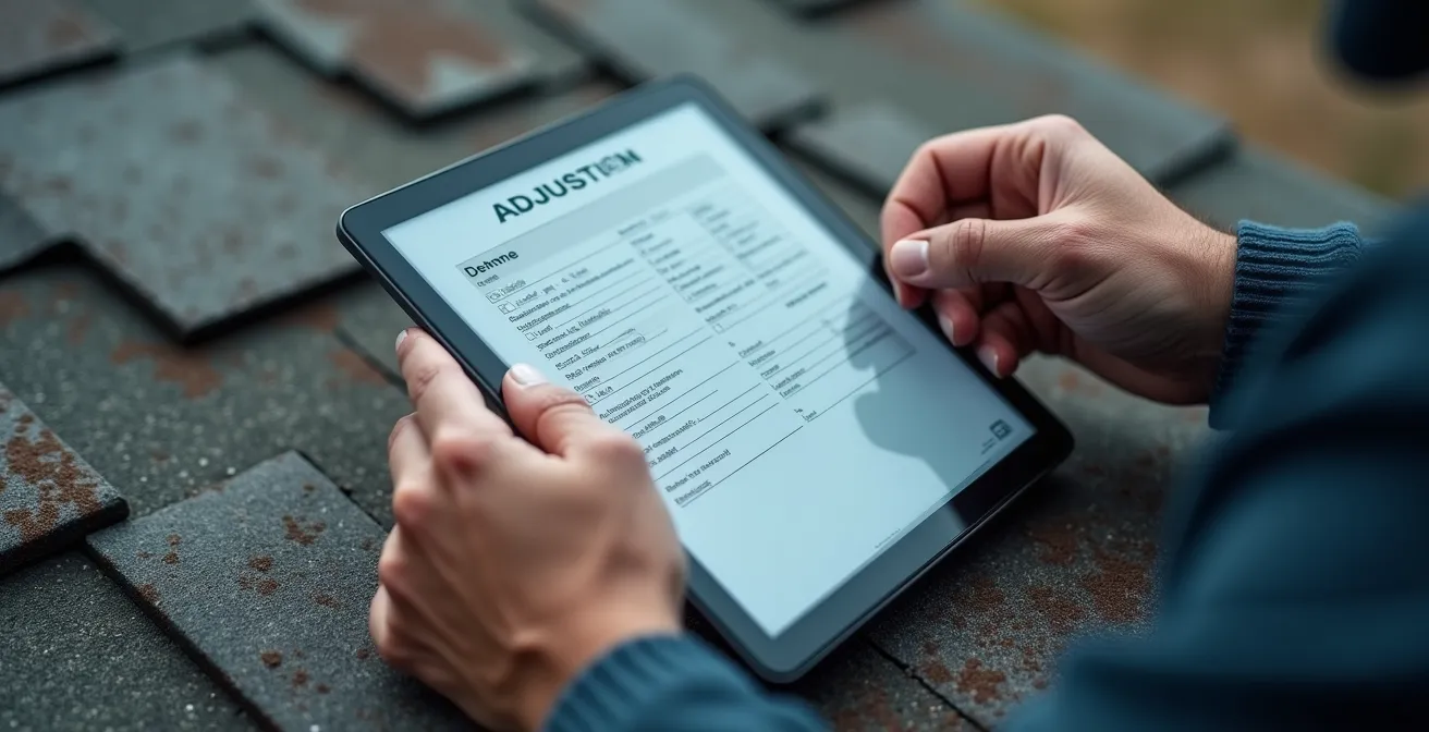 Insurance adjuster examining storm damage to both house and car in driveway