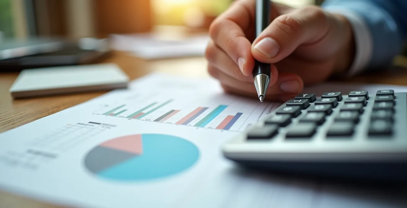 Professional reviewing insurance documents at desk with calculator