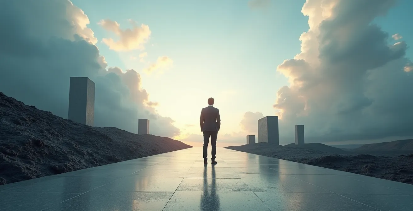 A person in business attire standing at the beginning of a physical pathway that transitions from dark, rough textures to smooth, bright surfaces, symbolizing the journey of insurance score rehabilitation.