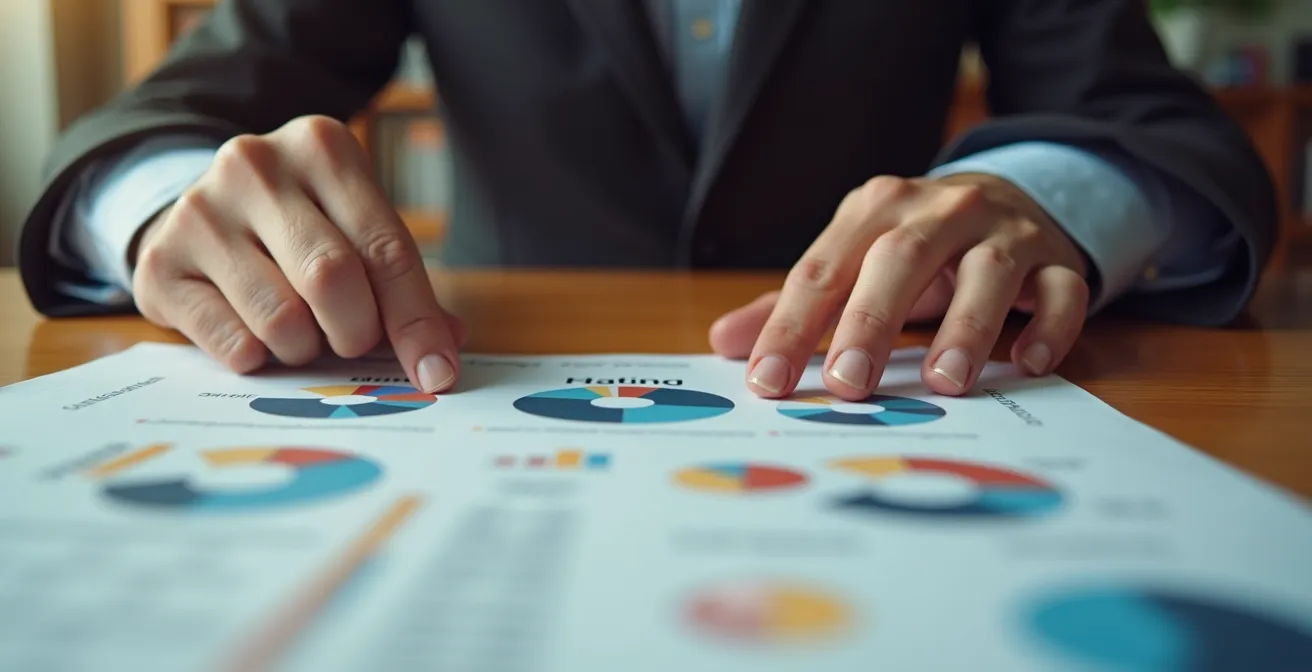 Professional analyzing multiple insurance company rating reports and financial strength indicators