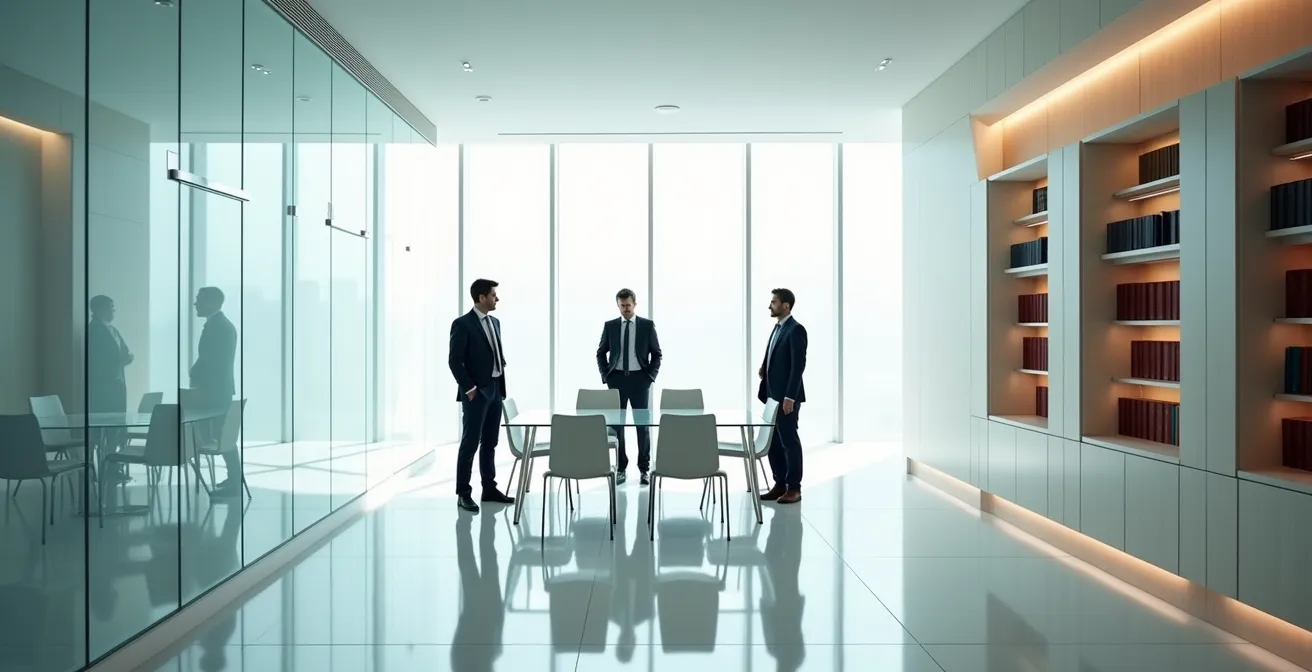 Legal team reviewing defense strategy in modern office