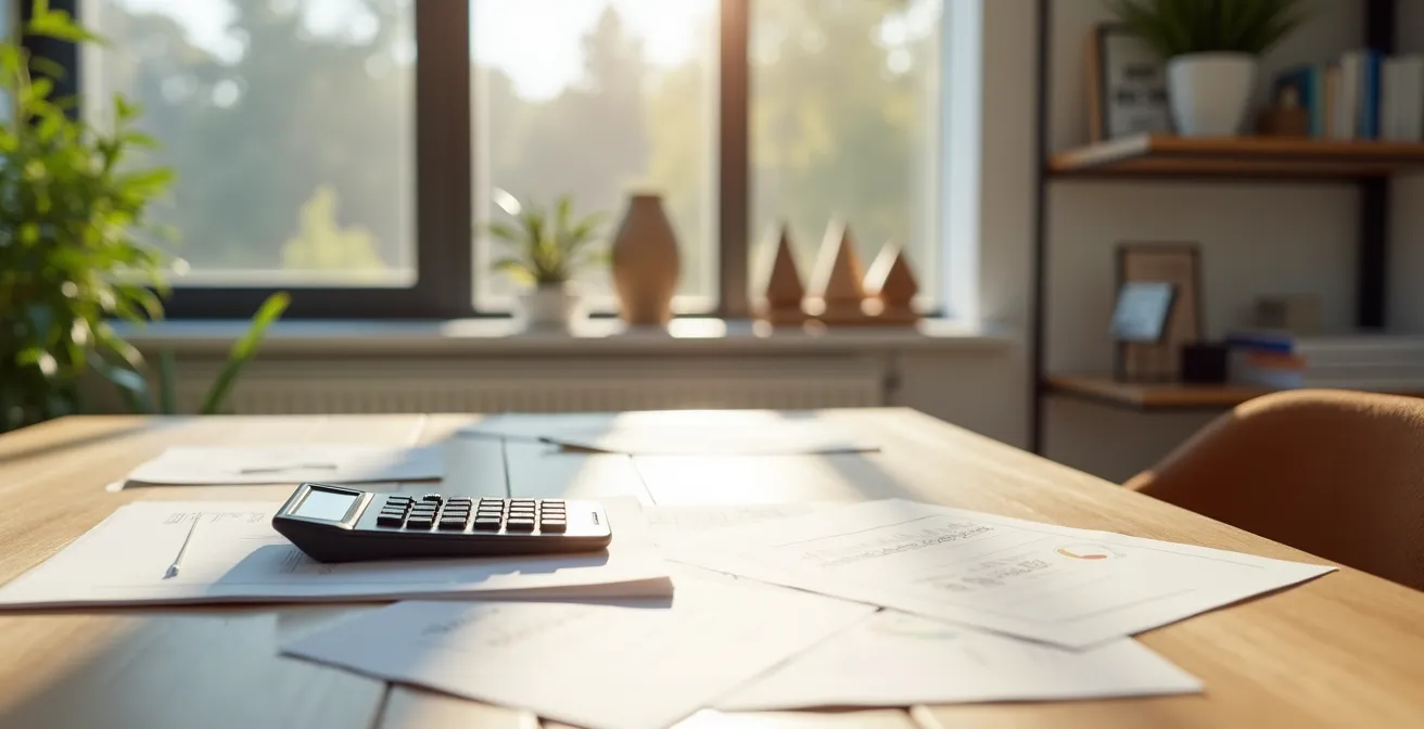 Wide shot of home office with financial planning materials spread on desk, soft natural lighting