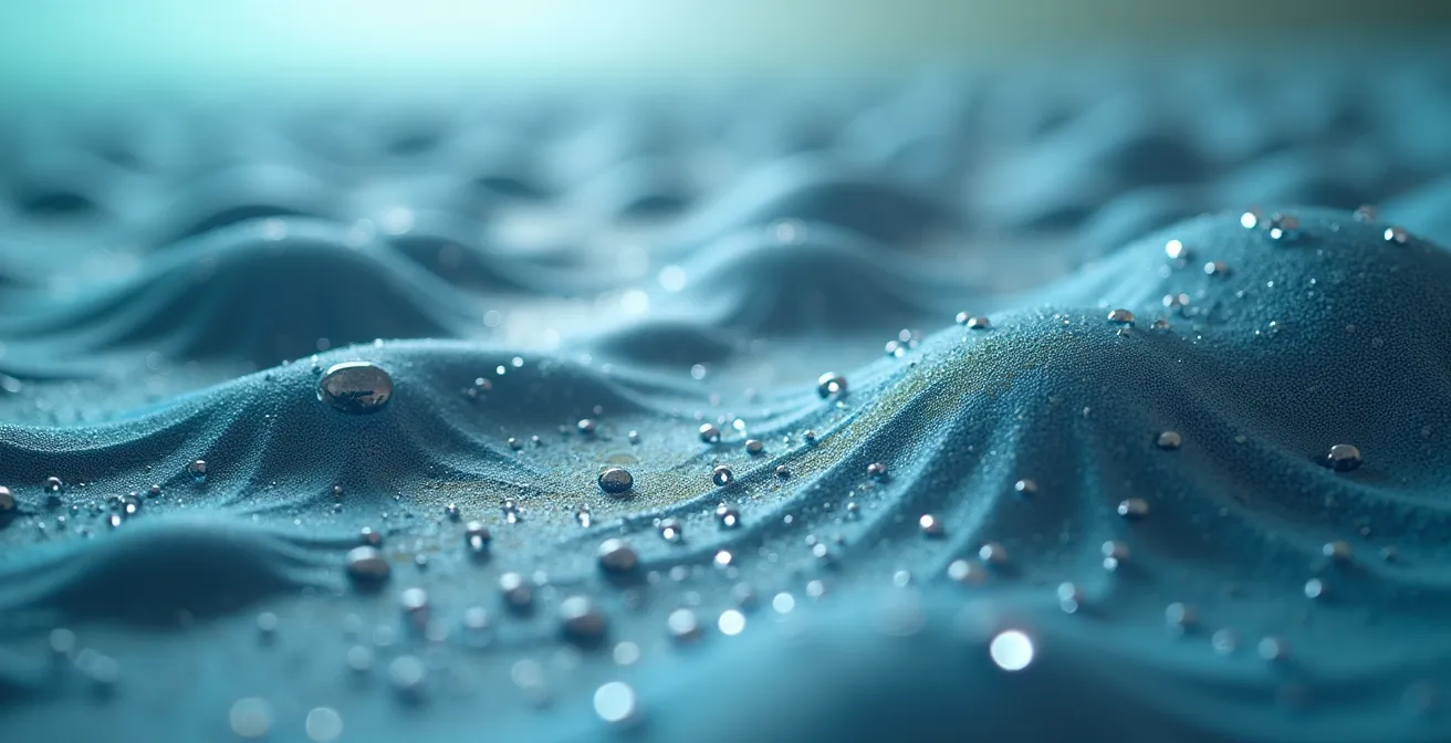 Extreme close-up of water droplets on textured surface resembling topographic elevation