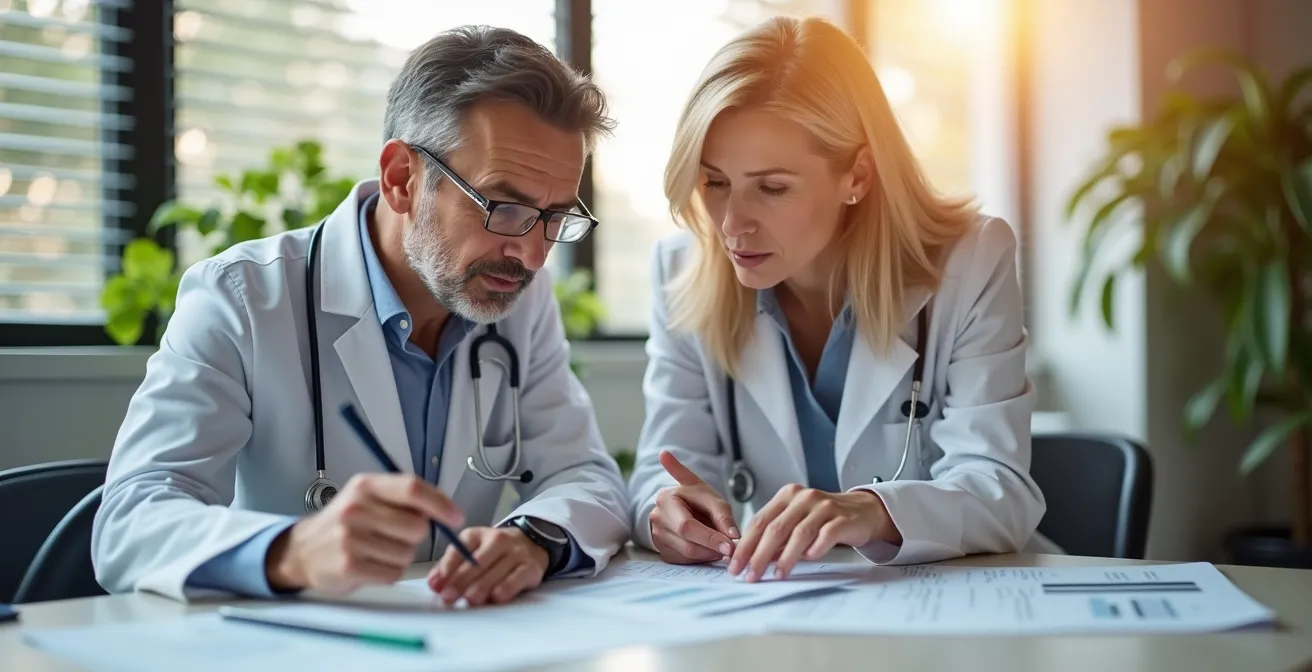 Healthcare provider reviewing medical documents with patient in consultation room