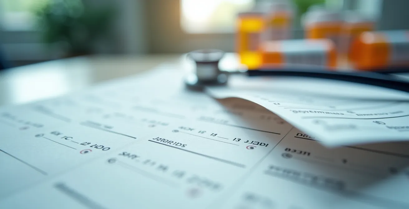 Close-up of calendar pages with medical appointment cards and clock showing passage of time