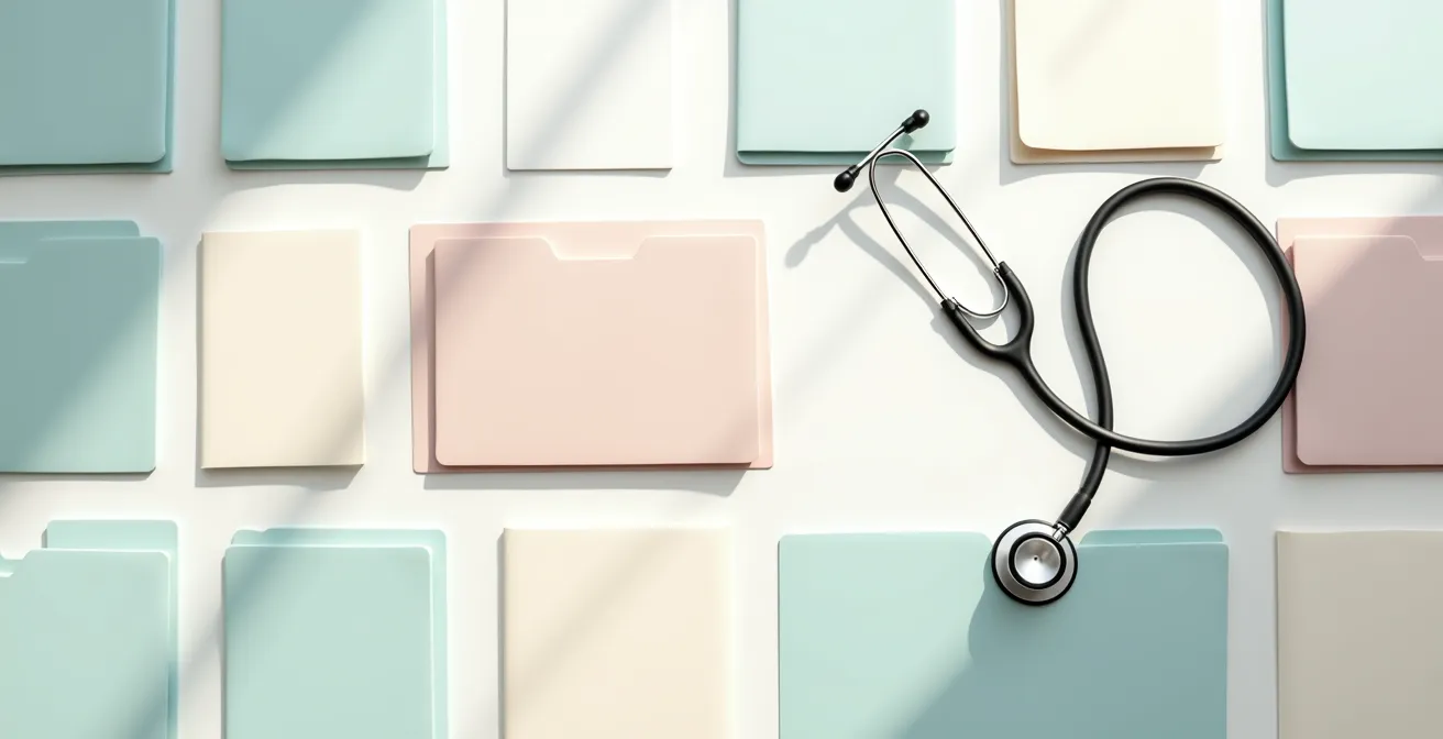 Organized medical files and documents on desk for insurance application