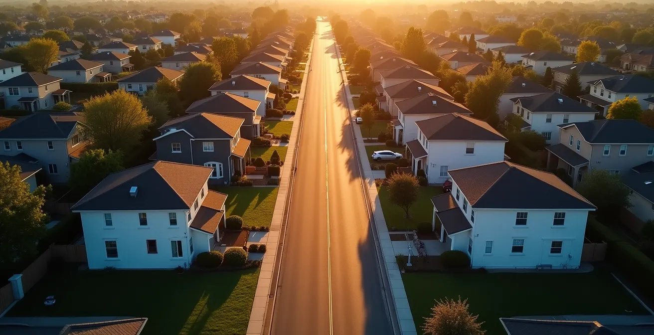 Aerial view showing two adjacent suburban houses separated by a street marking ZIP code boundary