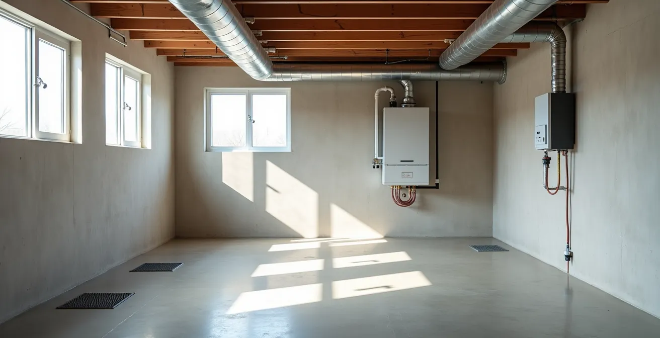 Wide angle view of modern basement with elevated utilities and flood prevention systems