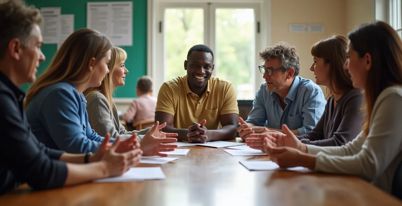 Volunteer board members in nonprofit meeting room