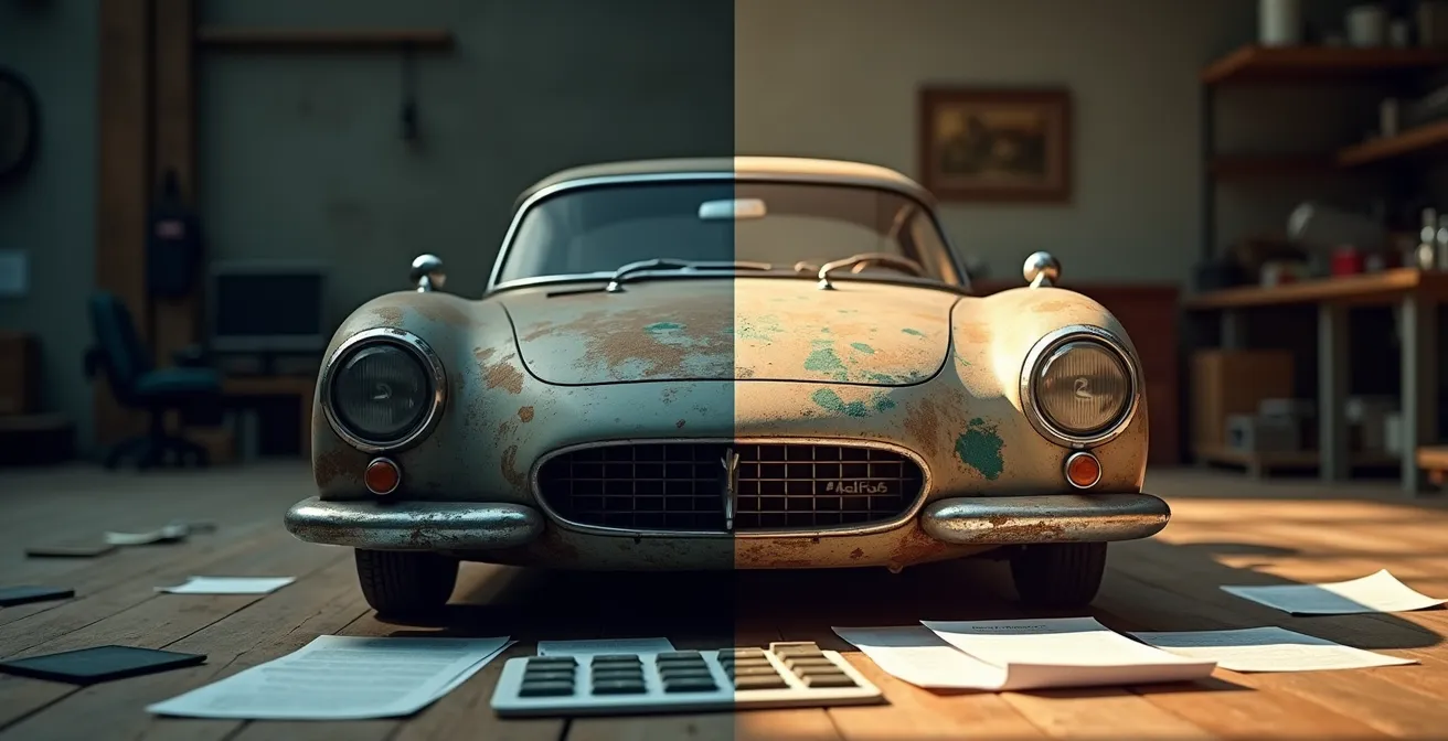 Vintage car parked beside modern calculator and paperwork in soft lighting