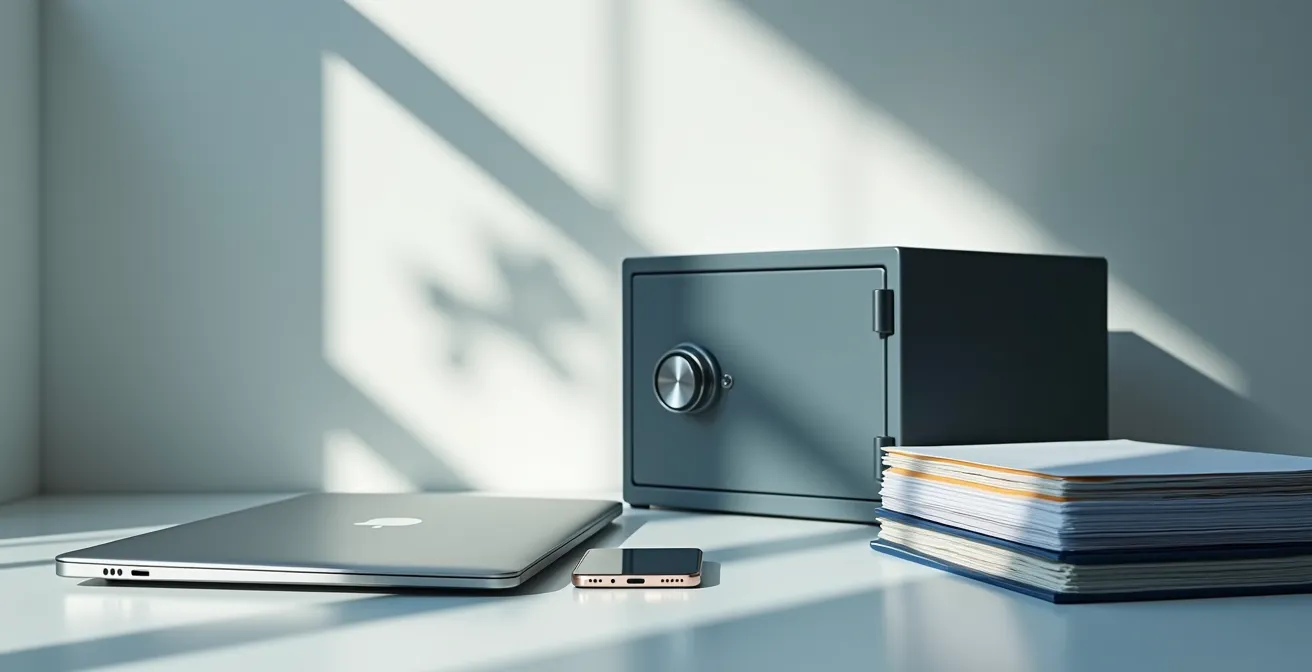 Modern home office setup showing cloud storage and document organization