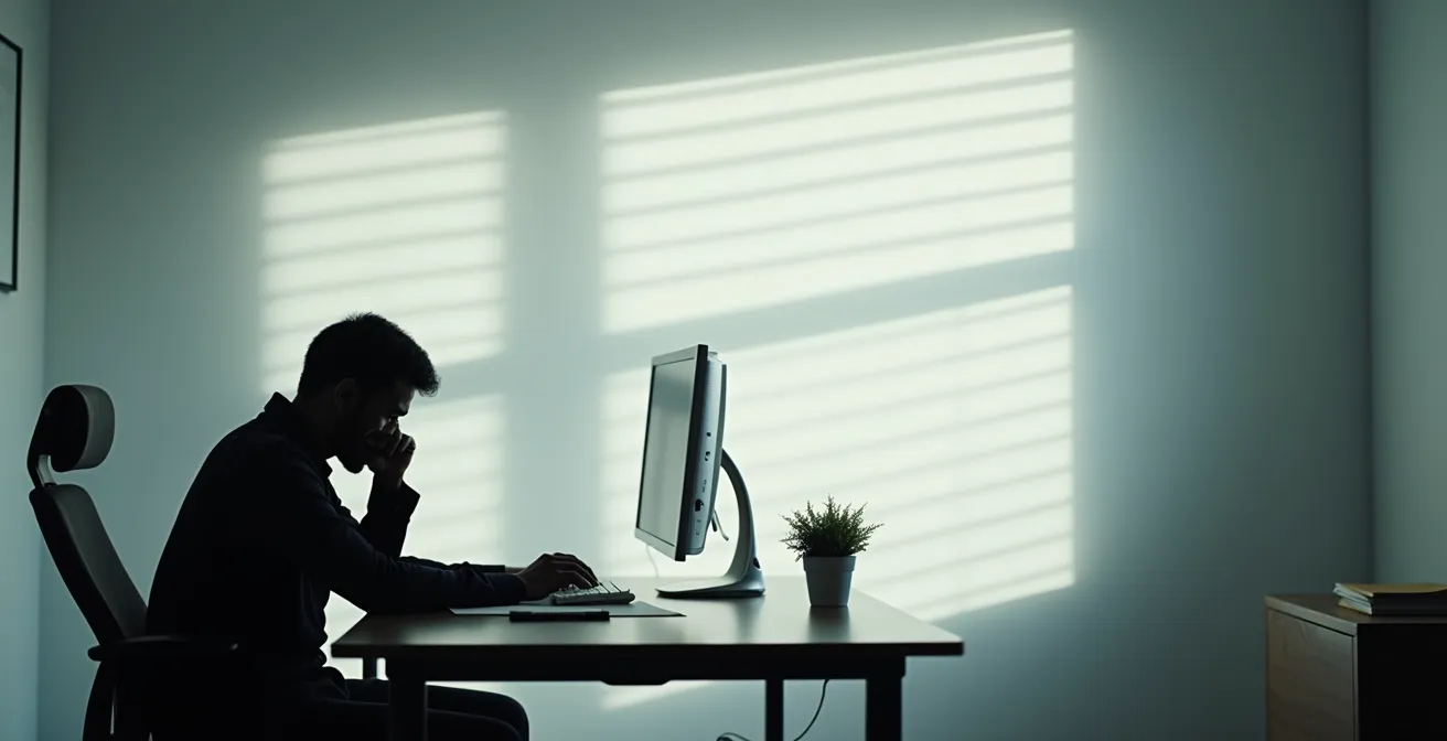 A professional person sitting at a desk with their head in their hands, surrounded by abstract swirling patterns representing workplace stress.