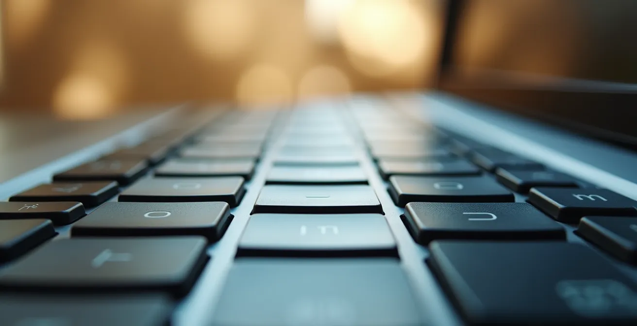 Close-up macro shot of laptop keyboard texture with insurance documents in soft focus