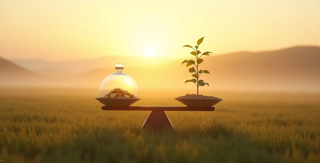 Visual metaphor of a balanced scale with a security shield on one side and a growth tree on the other