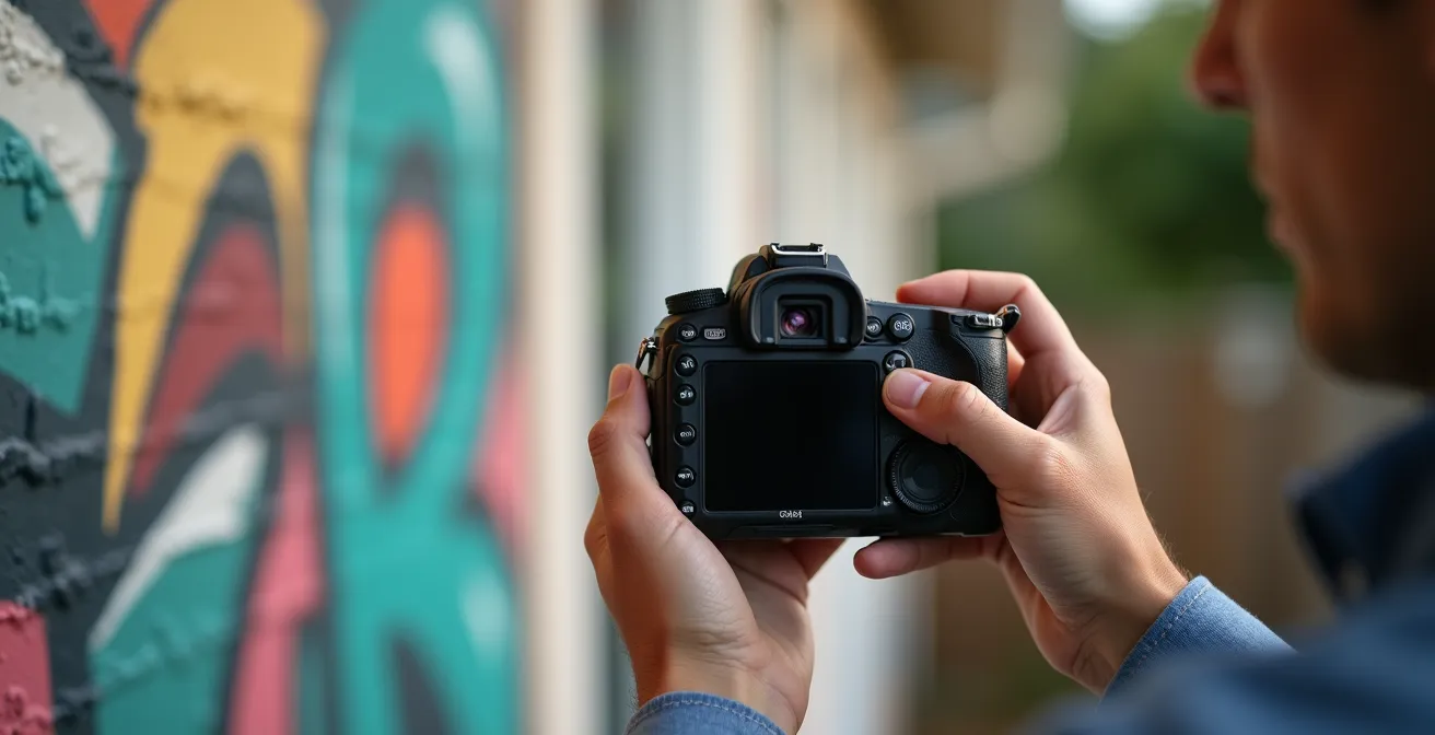 Homeowner carefully photographing graffiti damage on an exterior wall with a professional camera.