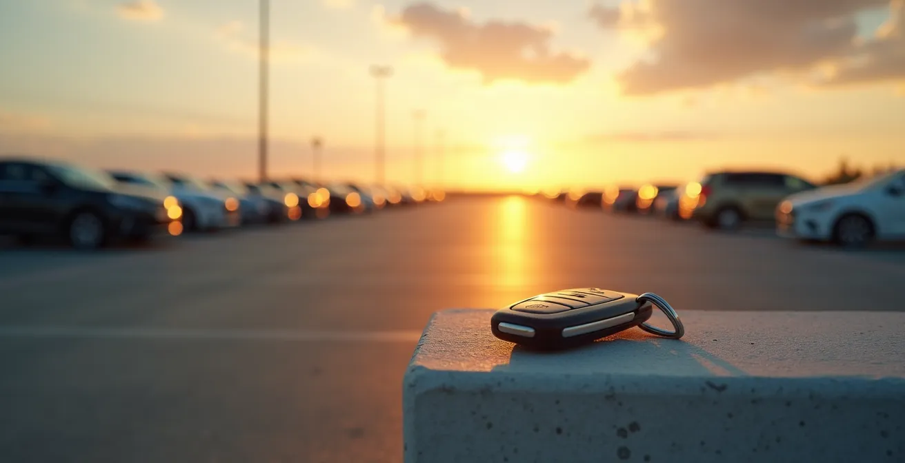 Wide shot of empty rental car lot at sunset with single key fob in foreground