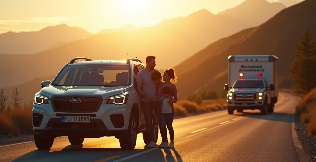Rental vehicle stopped on scenic mountain road with assistance truck arriving during sunset