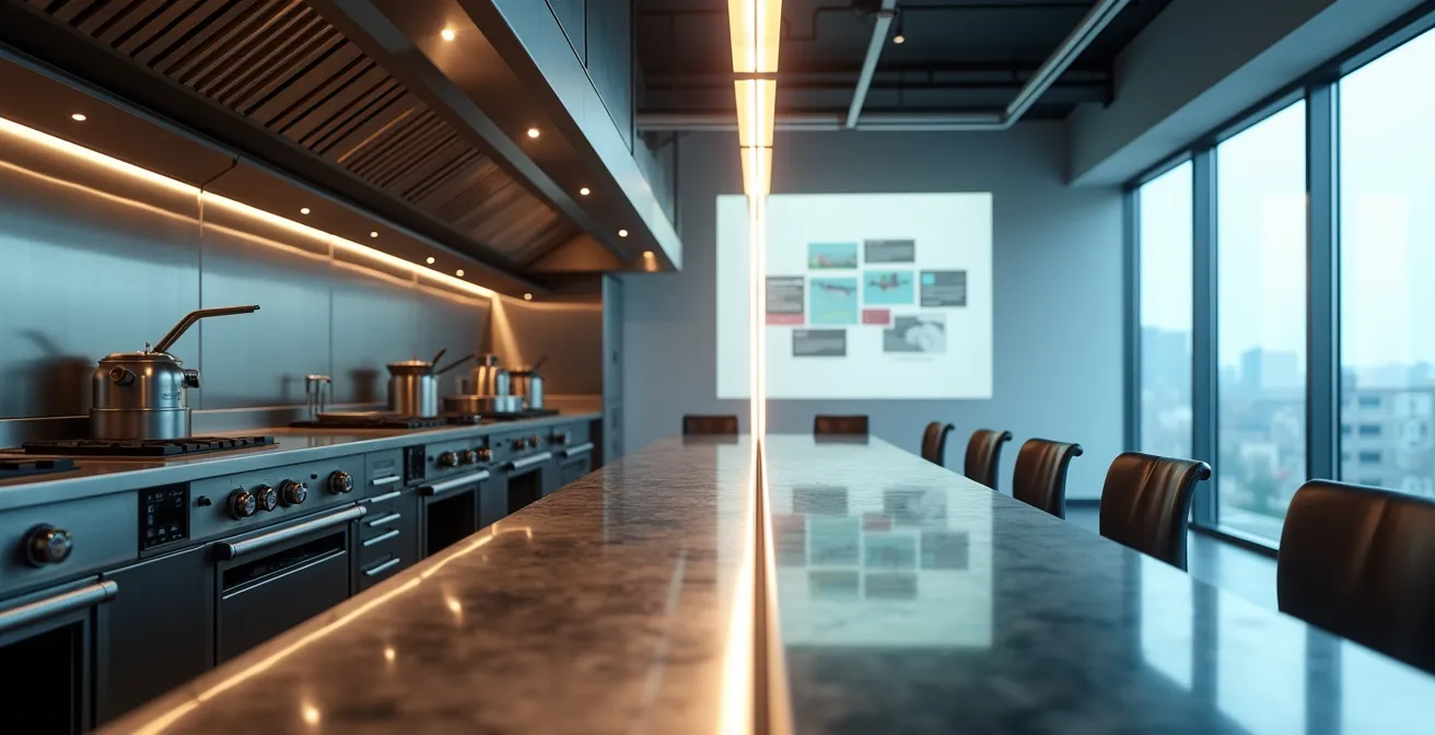 Split-screen visualization showing physical restaurant risks versus digital consulting risks