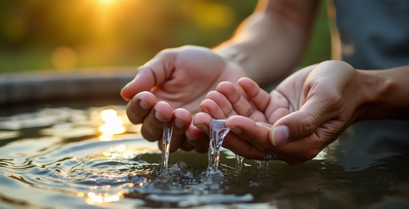 Three flowing water streams merging into a peaceful pool