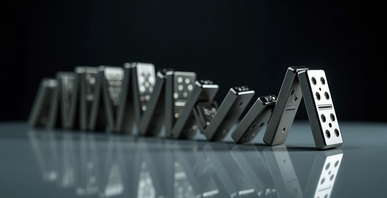 Abstract visualization of interconnected business risks showing domino effect pattern