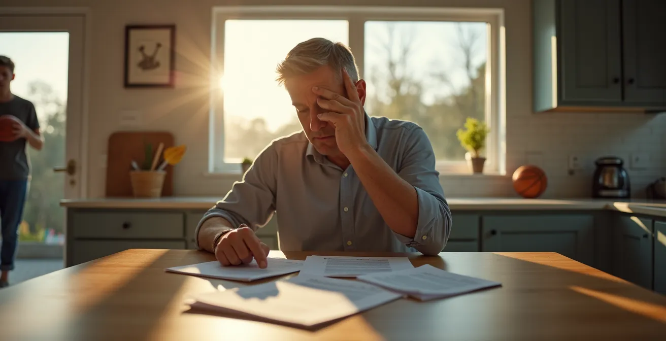 Parent reviewing insurance documents while teenager in background