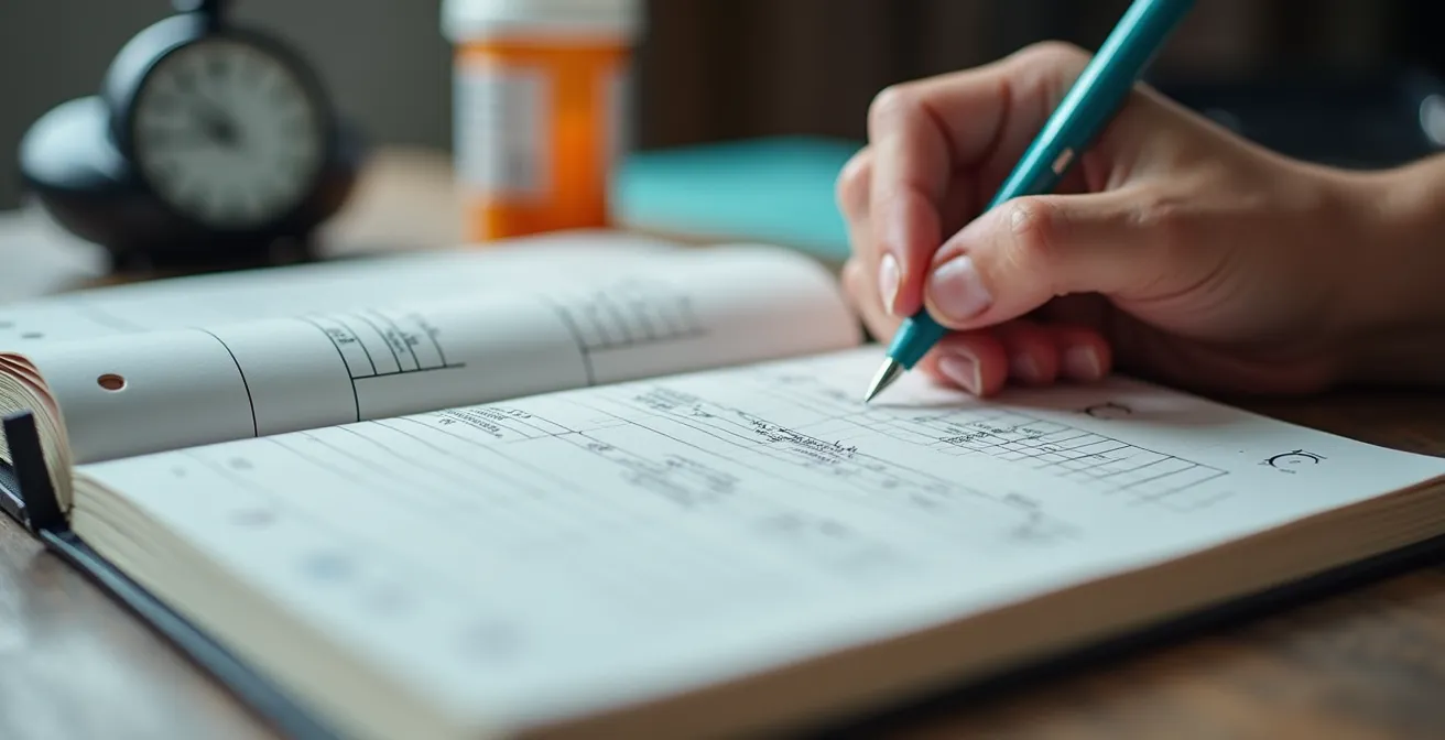 Professional tracking work hours and pain levels in a detailed journal