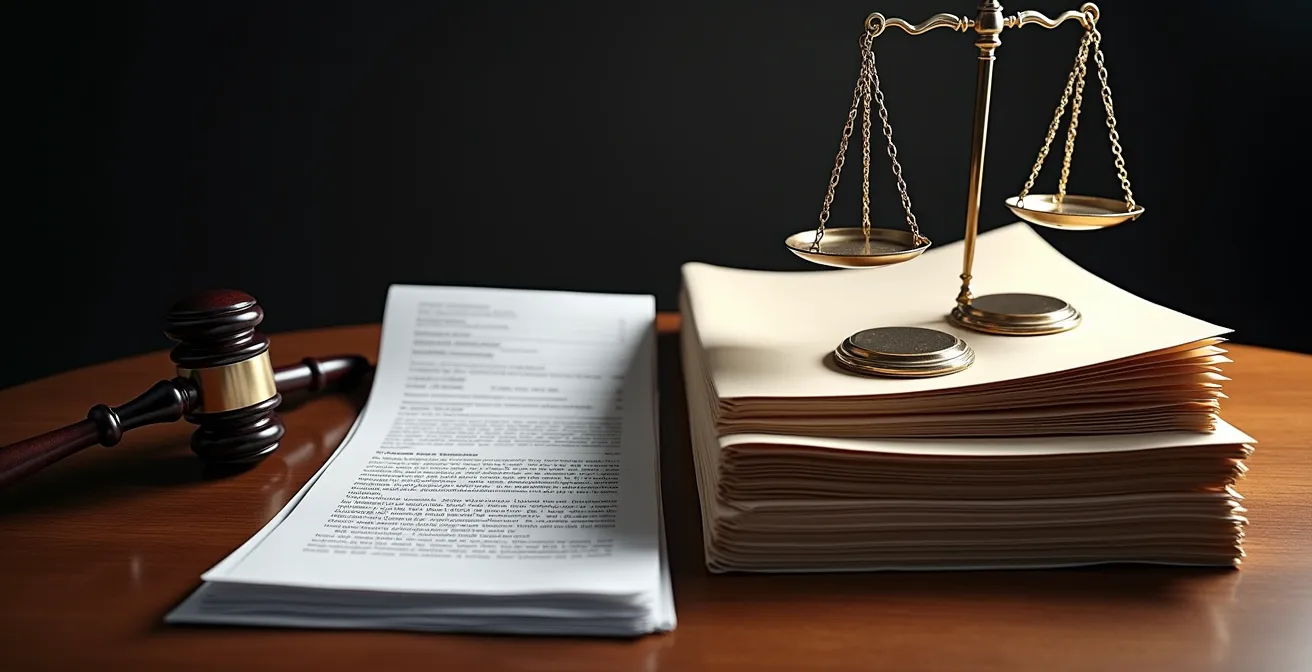 A split scene showing a simple traffic court document on the left and complex civil court legal briefs on the right, symbolizing the difference in legal weight.