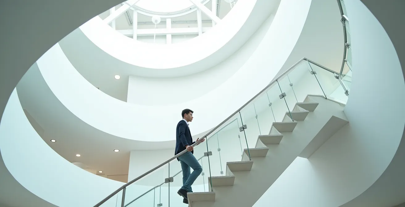 Young professional ascending a modern architectural staircase representing financial growth stages