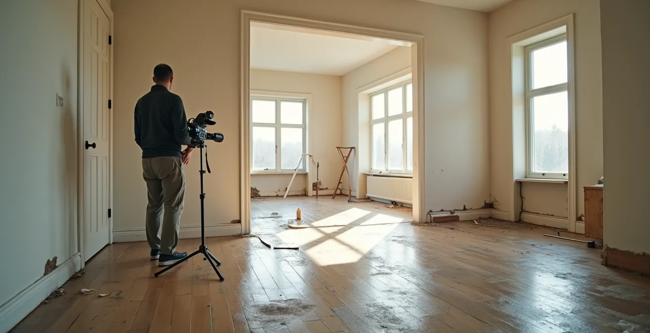 Homeowner documenting water damage with professional camera equipment