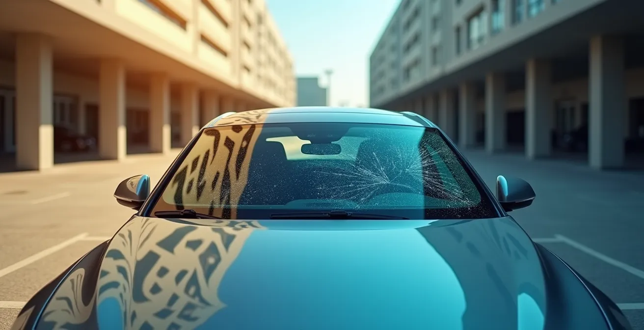 Wide environmental shot of vehicle in contrasting temperature conditions showing windshield stress
